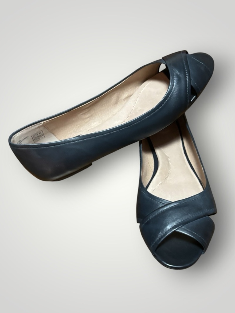 Lands’ End Navy Blue Leather Peep Toe Ballet Flats Slip On Shoes Size 8